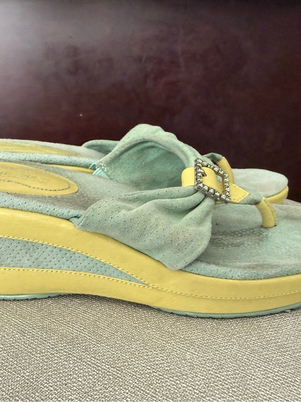 Donald J. Pliner Misty Green & Yellow Thong Wedge Sandals with Decorative Buckle - Picture 11 of 14